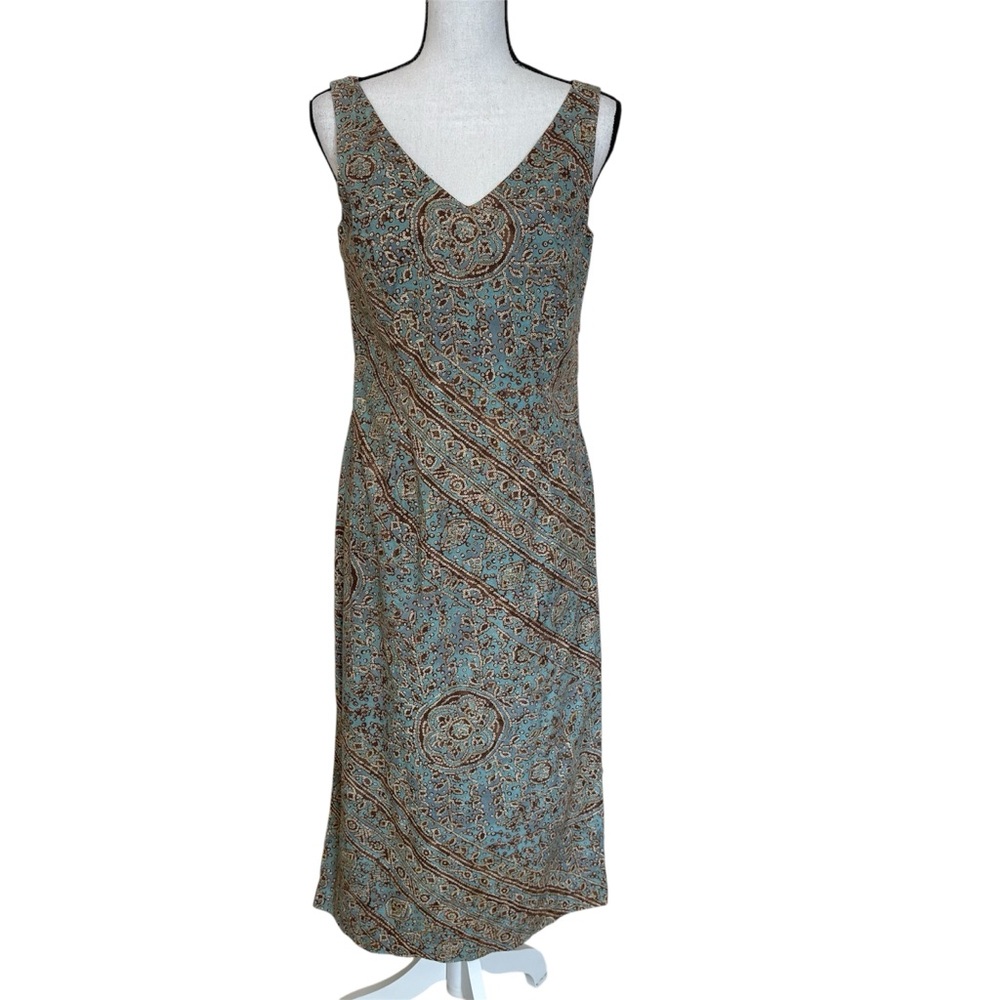 Peruvian Connection Blue Brown Print Sleeveless Sheath Dress Womens 8